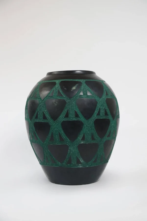 Large Black Tadelakt Jar with Green Etching
