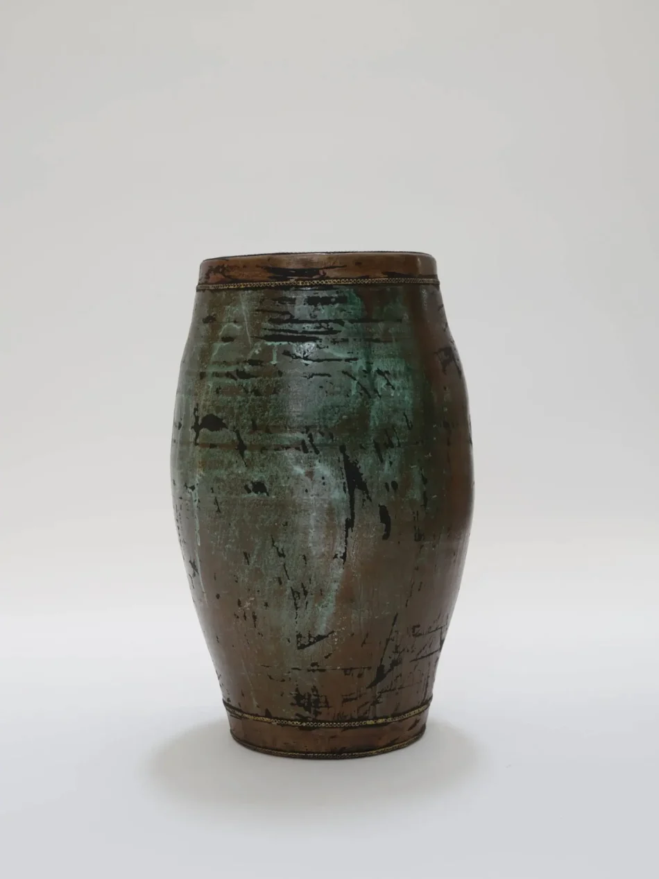 Distressed Green Vase with Metal Detailing 1