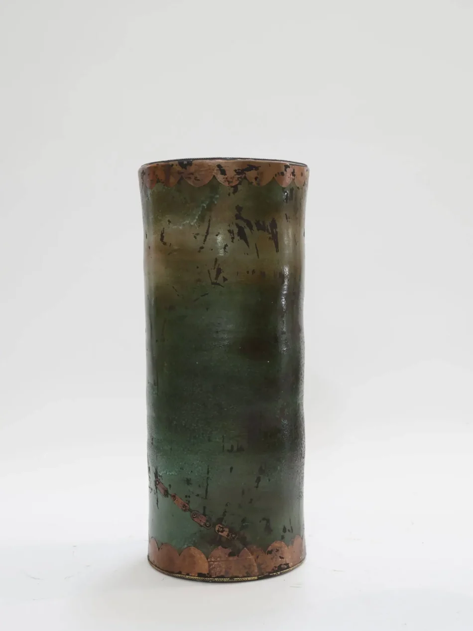 Distressed Green Vase with Metal Detailing 2