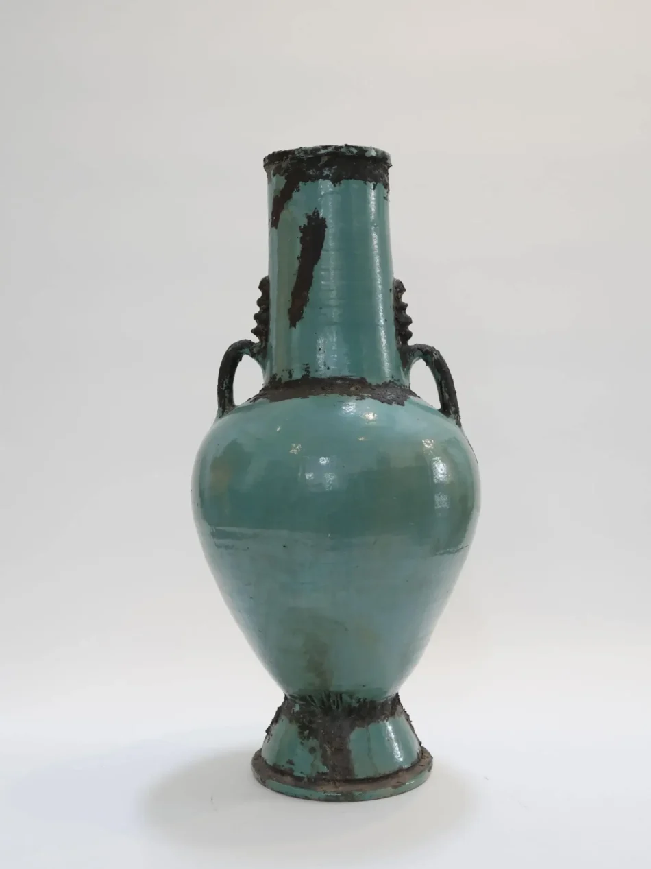 Large Distressed Metal Turquoise Vase with Handles