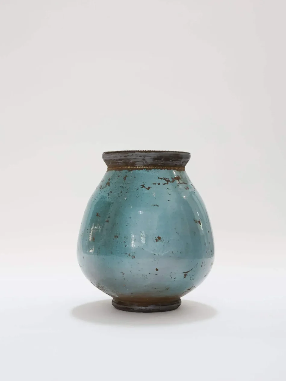 Turquoise Ceramic Pot with Metal Trim